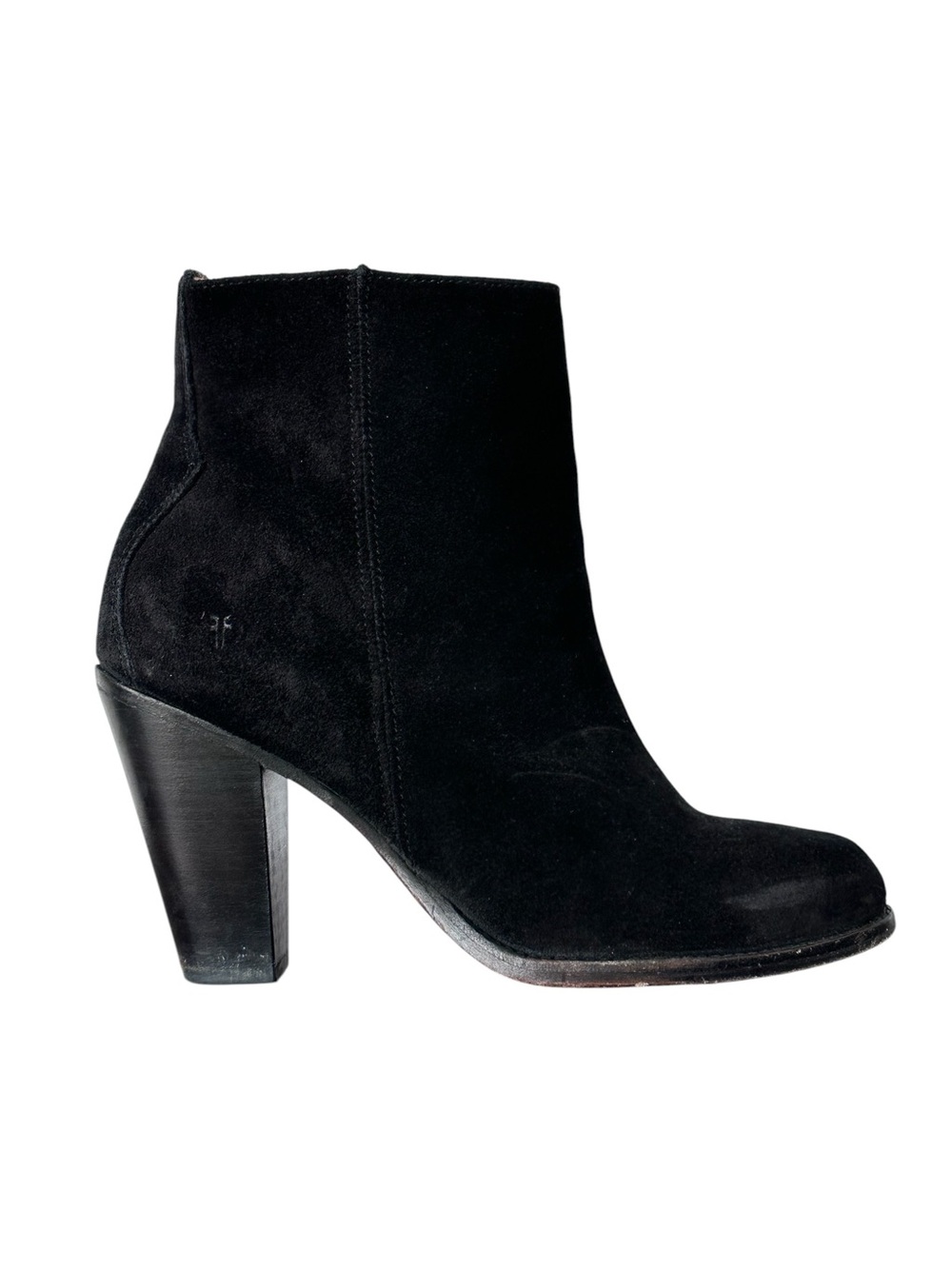 Frye Women's Black Suede Leather Ankle Booties Stacked Cone Heel Size 7.5